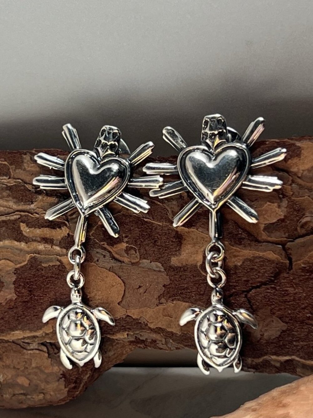 Handcrafted Sterling Silver 925 Sea Turtle Heart Dangle Earrings